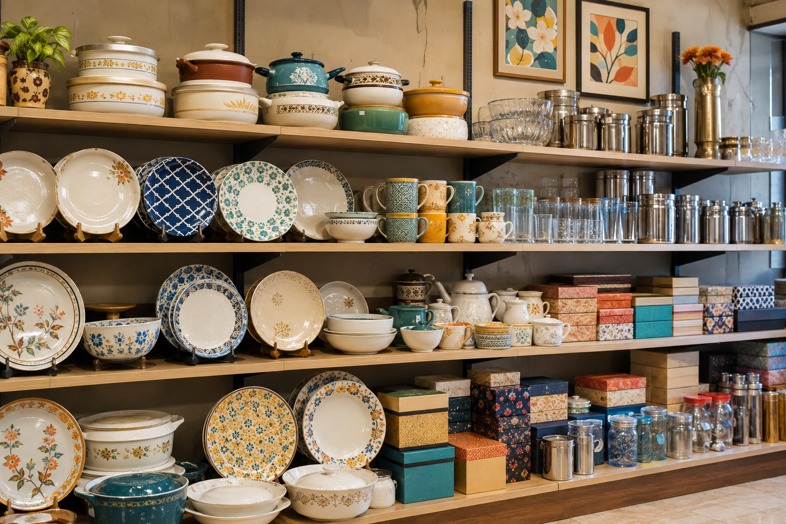 Dinnerware, serveware, gifts and decorative pieces in a refined retail display