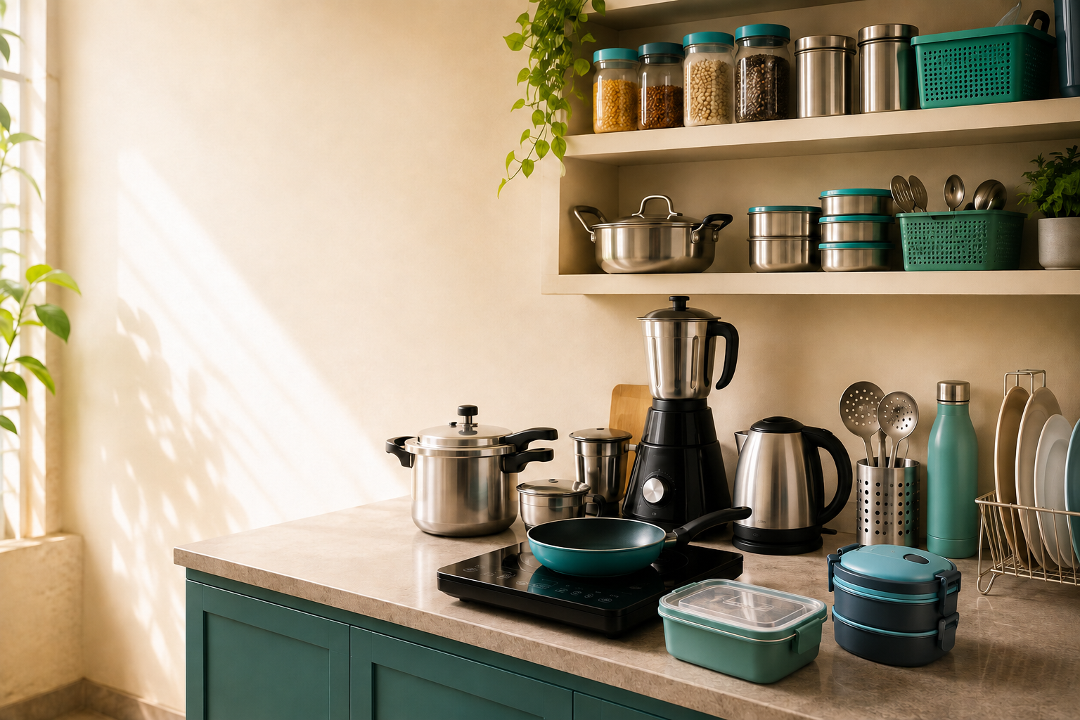 Cookware, mixer grinder, kettle, induction cooktop, storage and kitchen tools